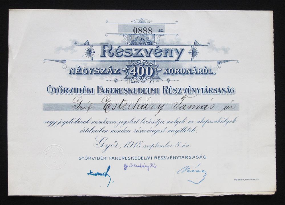 Gyrvidki - Esterhzy - Fakereskedelmi Rt. rszvny 400 korona 1918
